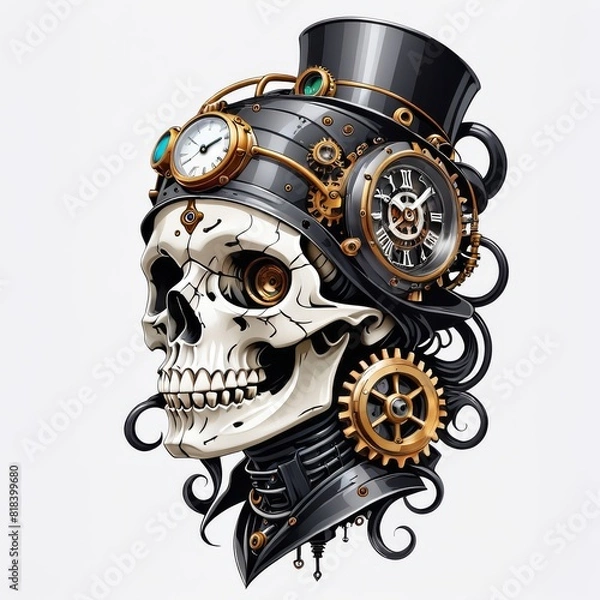 Fototapeta Steampunk Skull with Top Hat and Gears