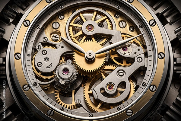 Fototapeta A close-up of a watch movement reveals intricate gears and tiny screws