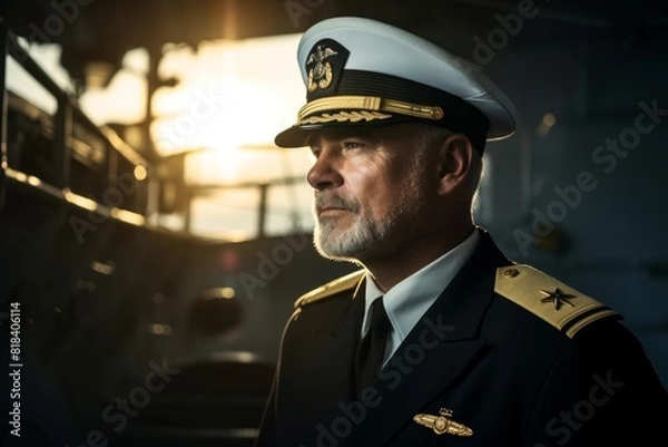 Fototapeta Dusk at the Dock: A Navy Officer's Contemplative Stare with Their Warship Cast in Shadows Behind