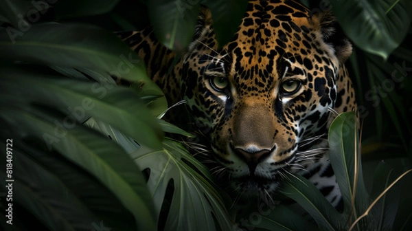 Obraz A jaguar stealthily stalking through the lush foliage of the Amazon jungle