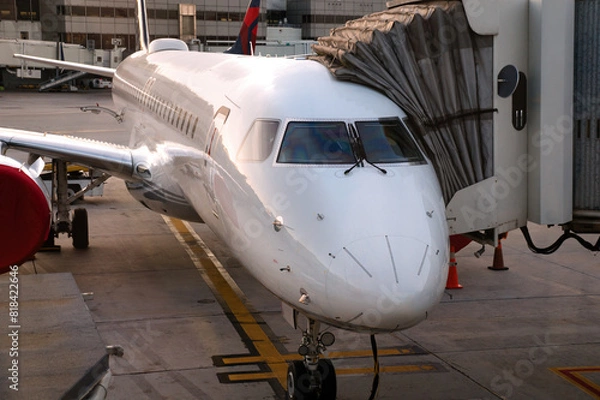 Fototapeta Front view of white modern jet airliner with attached passenger boarding bridge. The plane is sitting on a concrete tarmac with painted lane lines