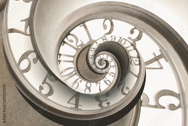 Obraz Infinity and other time related concepts. White clock face twisted in spiral, fractal pattern