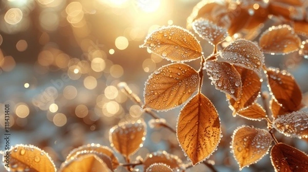 Fototapeta a delicate autumn background with yellow leaves and branches, adorned in the style of soft white bokeh lights soft focus blur 