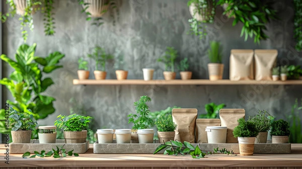 Obraz Set of natural color compostable food boxes and cups with indoor plants backdrop