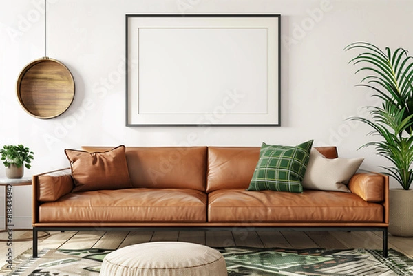Fototapeta Poster mockup with horizontal frame on empty wall in living room interior with pink sofa and multi-colored pastel pillows. 3D rendering.