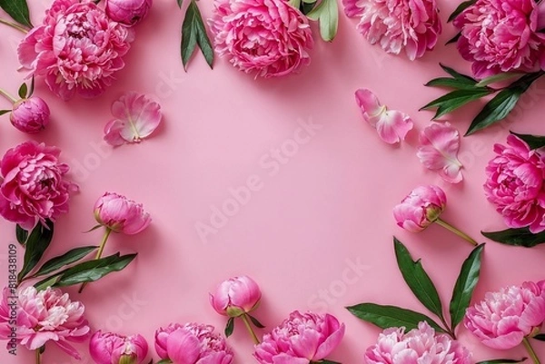 Obraz Flat Lay Frame of Beautiful Peony Flowers on Pink Background