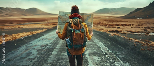 Obraz a backpacker holding map in the straight way