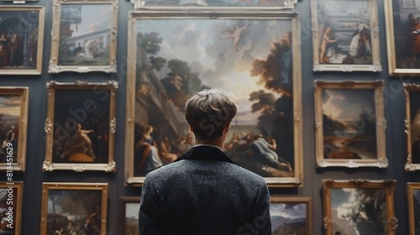 Fototapeta Rear view of a man looking at a painting in art gallery.