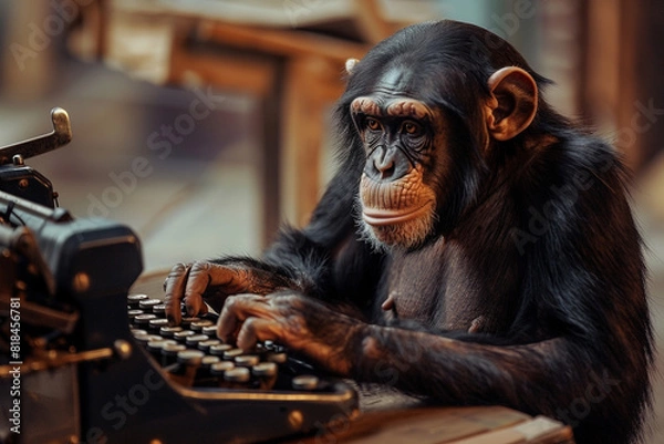 Fototapeta An image of a chimpanzee sitting in front of a vintage typewriter - Generative AI