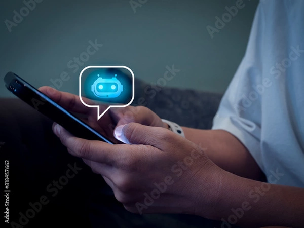 Fototapeta Artificial intelligence, AI chat bot technology concept. Glowing smart robot icon on speech bubble on mobile phone screen in hands, robot application and conversation assistant automation service.
