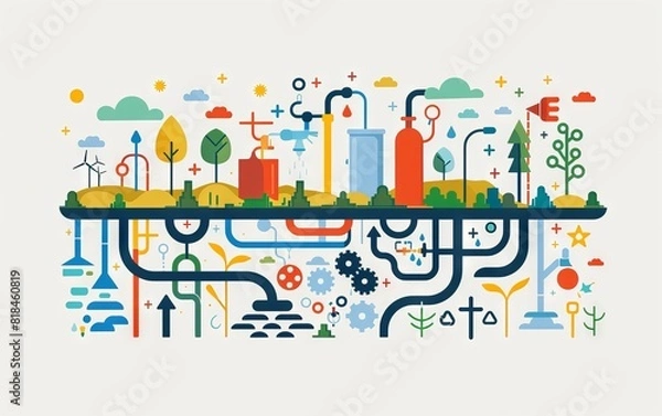 Fototapeta Colorful illustration of sustainable energy, featuring various renewable sources and ecological elements in a clean, modern style.