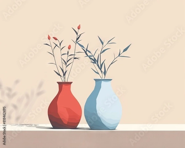 Fototapeta Minimalist illustration of two vases, one red and one blue, with simple leaves and flowers on a soft background.