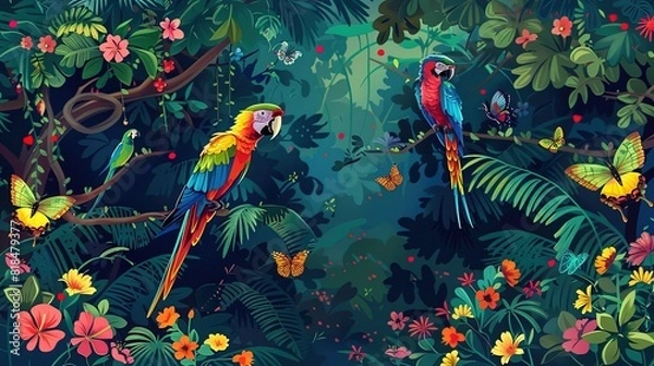 Obraz Tropical rainforest illustration with colorful birds and butterflies. Diverse tropical birds like parrots, macaws, and hummingbirds.