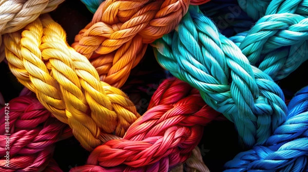 Obraz Team rope diverse strength connect partnership together teamwork unity communicate support. Strong diverse network rope team concept integrate braid color background cooperation empower power