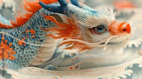 Fototapeta Dynamic Detail: Risograph Close-Up of a Very Cute Chinese Dragon Head