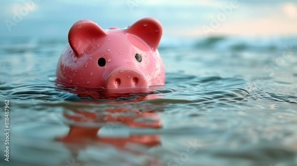 Fototapeta pink piggy bank floats on water drowning about to sink concept of investment failure budget issue financial risk debt problem bankruptcy economy crisis.stock photo