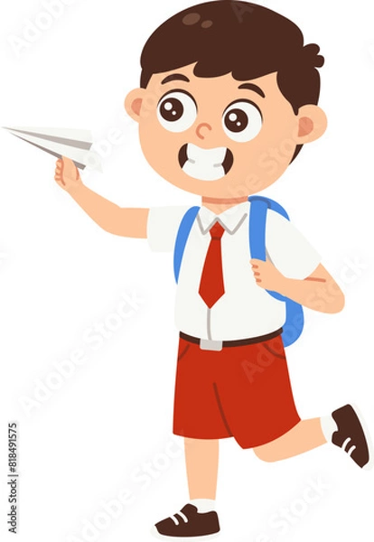 Fototapeta Back to school boy avatar illustration, Primary school student in uniform playing paper plane