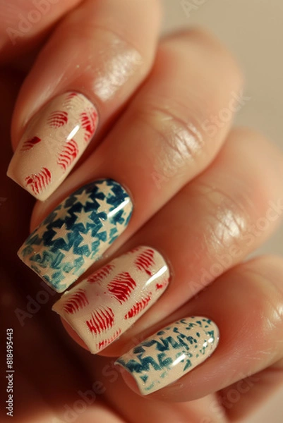 Fototapeta Fingerprint Flags nail design for Memorial Day, featuring personal touches with miniature American flags using your fingerprints, offering a unique and patriotic manicure.
