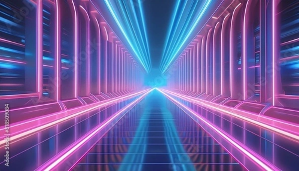Fototapeta Abstract flying in futuristic corridor background, fluorescent ultraviolet light, mirror lines laser neon lines, geometric endless tunnel, 3d illustration, blue pink spectrum