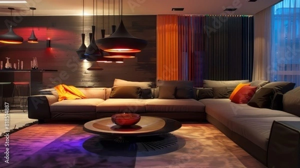 Fototapeta modern living room with a large sectional sofa, coffee table, and several pendant lights