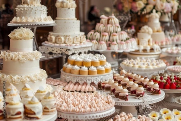 Fototapeta A lavish dessert table at a wedding reception, featuring a grand display of decadent wedding cakes in various flavors and designs