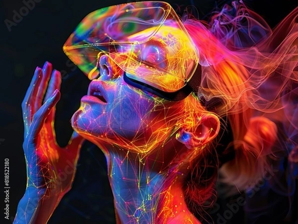 Fototapeta A vibrant, neon-drenched image of a person wearing futuristic glasses with glowing effects, embodying a blend of technology and artistry.