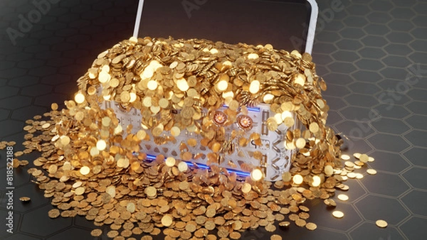 Obraz Thousands of Golden Bitcoins pour out of opened Sci Fi High Tech Crate on the floor