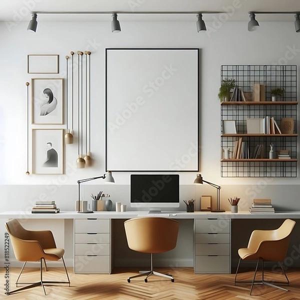 Fototapeta A desk with a computer and chairs in a Room with a mockup poster empty white and with a picture frame used for printing harmony lively realistic.