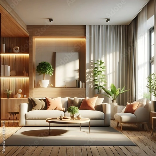 Fototapeta A living Room with a mockup poster empty white and with a couch and a coffee table art card design meaning attractive art.