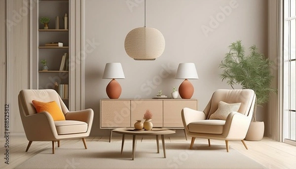 Fototapeta Bright modern living room interior in neutral colors with armchairs, floor lamp, rug and coffee table, chest of drawers with home decor, wide empty wall, 3d render