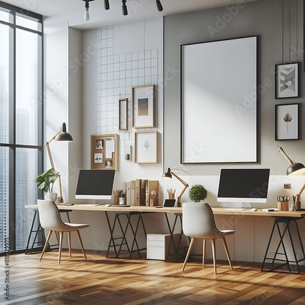 Fototapeta A Room with a mockup poster empty white and with computers and chairs in office realistic attractive realistic image lively.