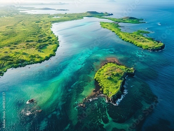 Fototapeta Aerial of the Galapagos Islands, diverse ecosystems, clear coastal waters , vibrant color