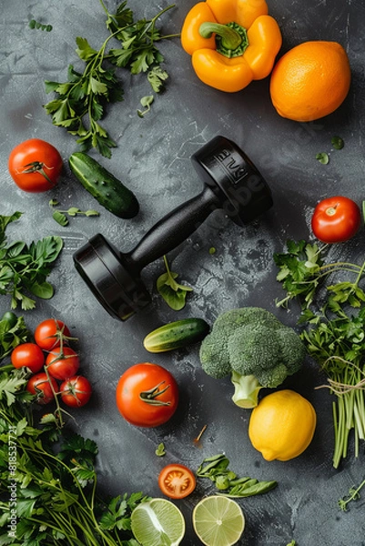 Obraz Fresh ingredients and a dumbbell, representing the synergy between healthy food choices and regular exercise for a balanced lifestyle