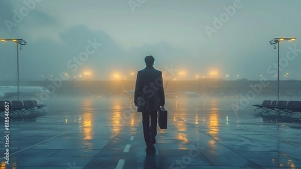 Fototapeta Lone Businessman Navigating the Foggy Airport Terminal