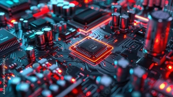 Fototapeta Industrial assembly line at an electronics factory, capacitors and microchips on conveyor belts, highly detailed, neon lighting
