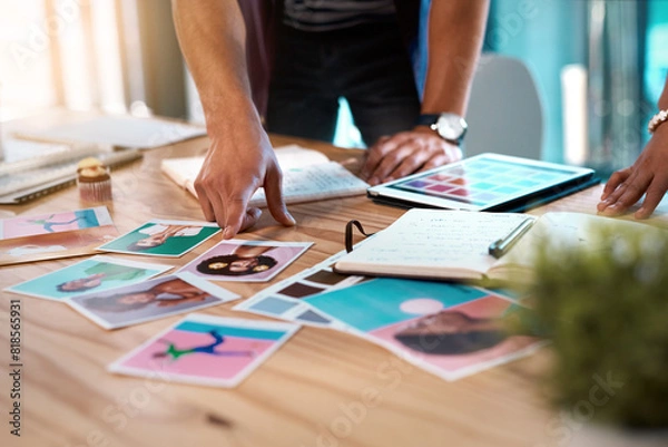 Fototapeta Tablet, planning and hands of man for graphic design, research and online project notes in office. Digital app, internet and creative ideas for website with technology, software and designer at desk.