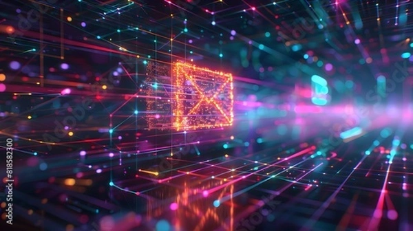 Fototapeta A glowing e mail icon floating in the center of an abstract grid with colorful light streaks .
