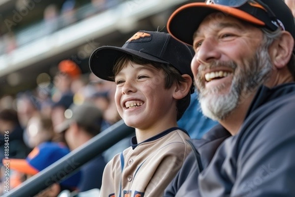 Fototapeta A candid photo of a dad and his son laughing and cheering in the stands at a baseball game, showcasing shared interests and excitement.