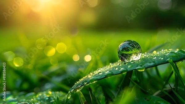 Fototapeta A water droplet on the edge of a green leaf, with a blurred background of lush grass and sunlight filtering through leaves.
