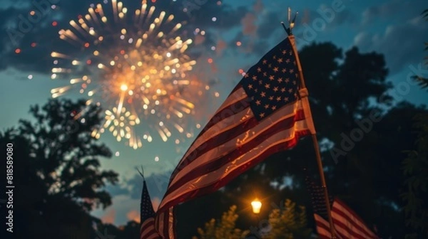 Obraz A community gathering for a fireworks display, with American flags prominently displayed and professional lighting capturing the excitement and unity