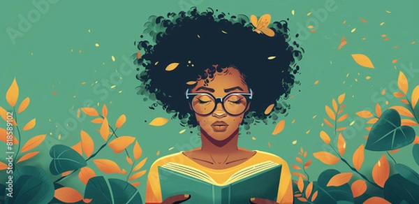 Fototapeta Woman Reading a Book with Nature Elements. Concept of Learning and Growth.