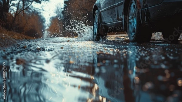 Fototapeta A car drives through a puddle, splashing water around.

