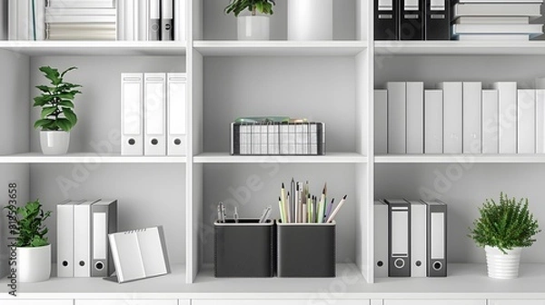 Fototapeta White bookshelves with black and white documents, a small plastic box in the middle of one shelf containing stationery and an open notebook.
