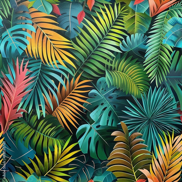 Fototapeta This is a repeating pattern of tropical leaves in various bright colors including green, yellow, orange, and red.

