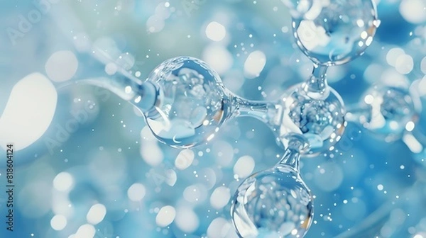 Fototapeta Close-up of sparkling water molecules structure on a blue background symbolizing purity and science. Ideal for educational and medical use. AI
