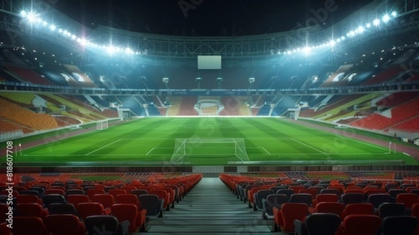 Fototapeta A central stage in a stadium with rows of vacant seats and bright flashes, ideal for showcasing products on the grassy playing field of a soccer game.