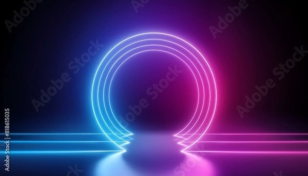 Fototapeta 3d render, blue pink neon round frame, circle, ring shape, empty space, ultraviolet light, 80's retro style, fashion show stage, abstract background