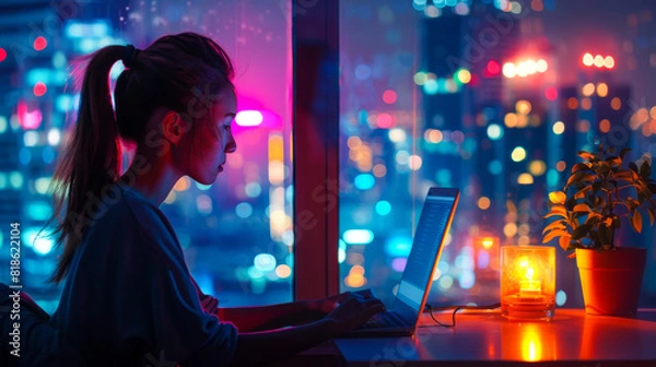 Fototapeta Female Web Developer Working at Night by Window

