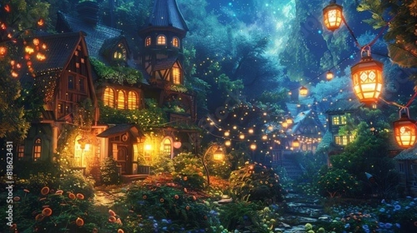 Fototapeta Eye-level angle of a charming fantasy village, glowing lanterns hanging from quaint cottages, lush gardens, vivid colors, oil painting style, vibrant and whimsical atmosphere