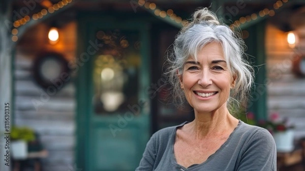Fototapeta Image of content elderly lady posing in front of her residence.